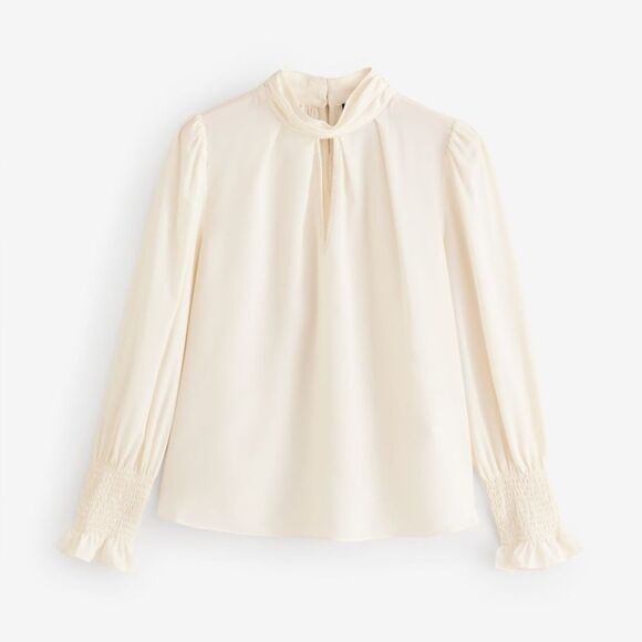 NWOT French Connection Cream Crepe High Neck keyhole Long Sleeve Top size medium - Picture 3 of 13